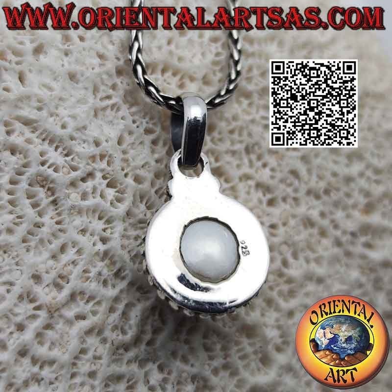 Silver pendant with white pearl surrounded by weaving and row of smooth microspheres