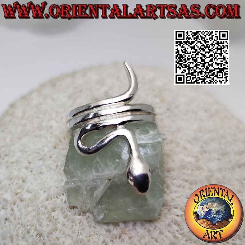 Silver ring in the shape of a smooth snake in sinuous movement (three turns)
