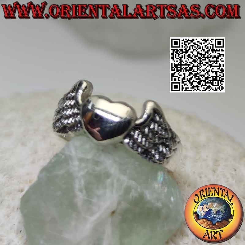 Bague en argent, coeur avec ailes (symbole d'élévation vers le ciel)