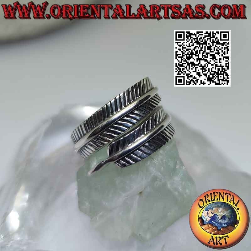 Adjustable thick long feather silver ring, symbol of purification