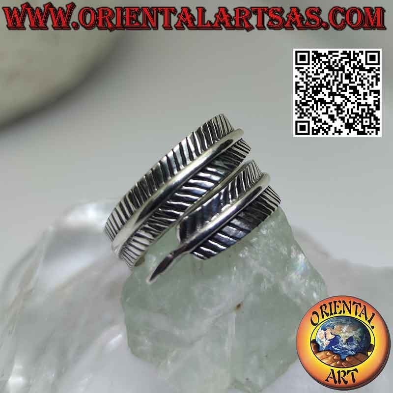 Adjustable thick long feather silver ring, symbol of purification