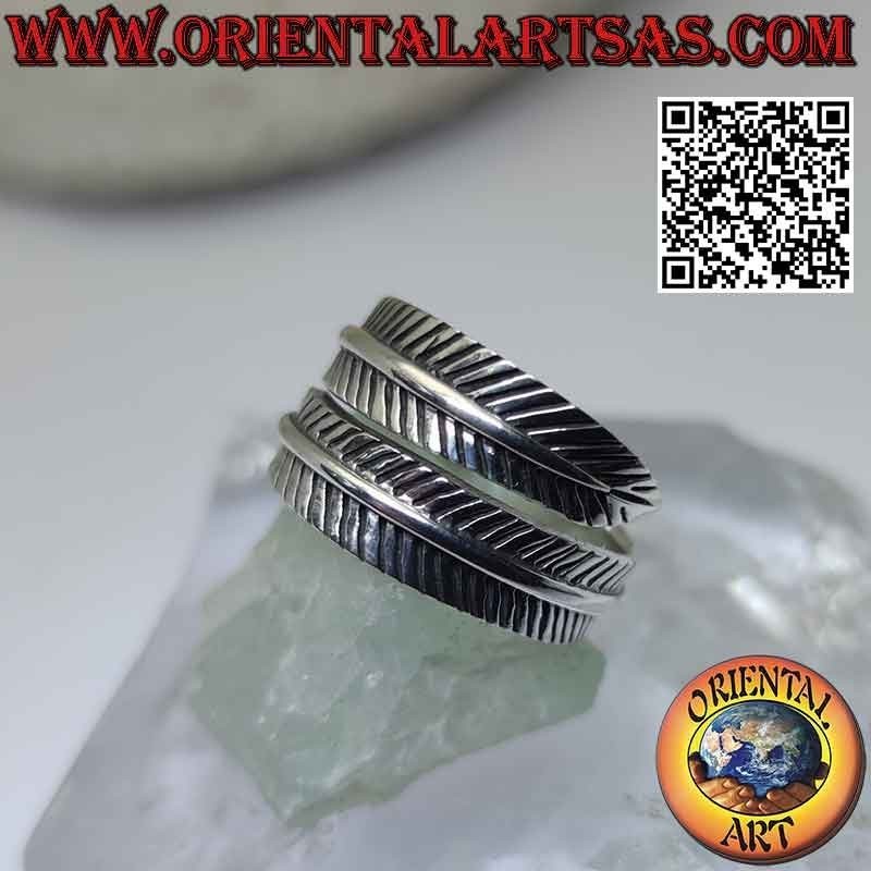 Anillo de plata pluma larga gruesa ajustable, símbolo de purificación