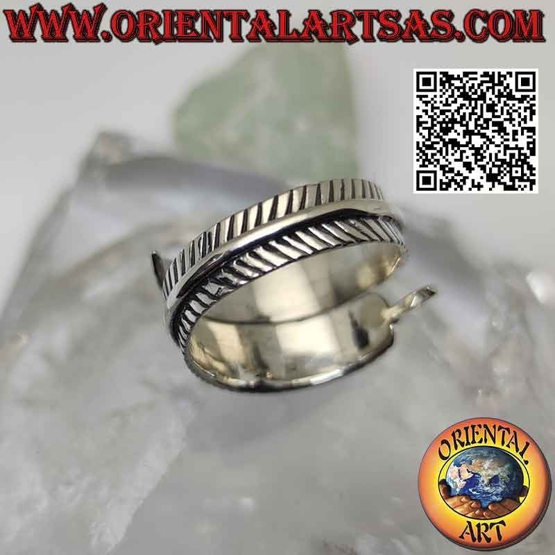 Bague argent longue plume épaisse réglable, symbole de purification