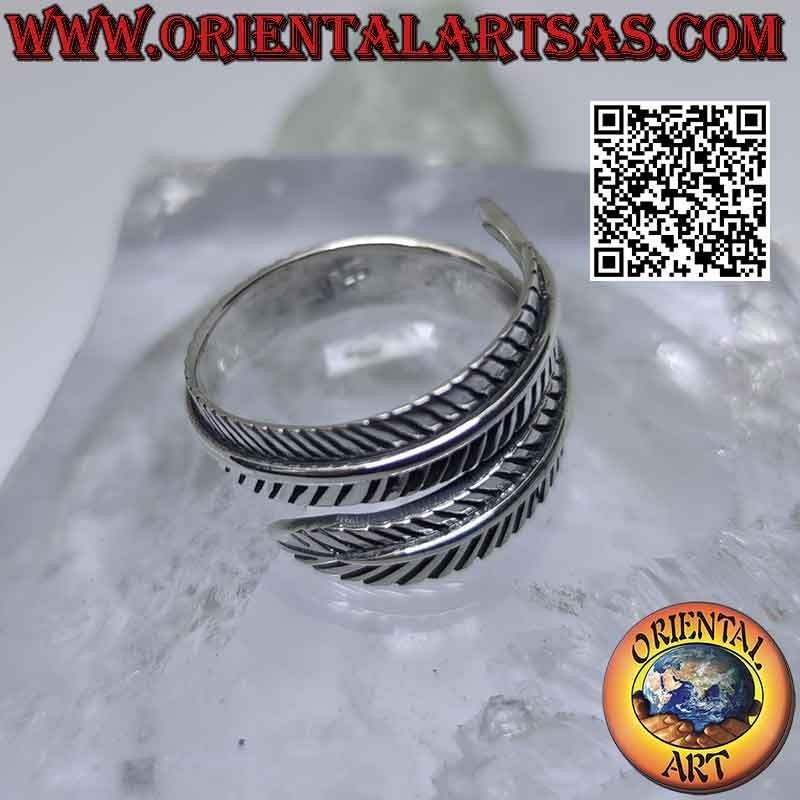 Adjustable thick long feather silver ring, symbol of purification