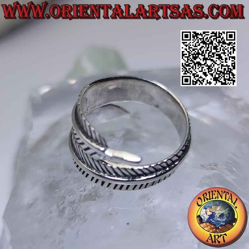 Adjustable thick long feather silver ring, symbol of purification