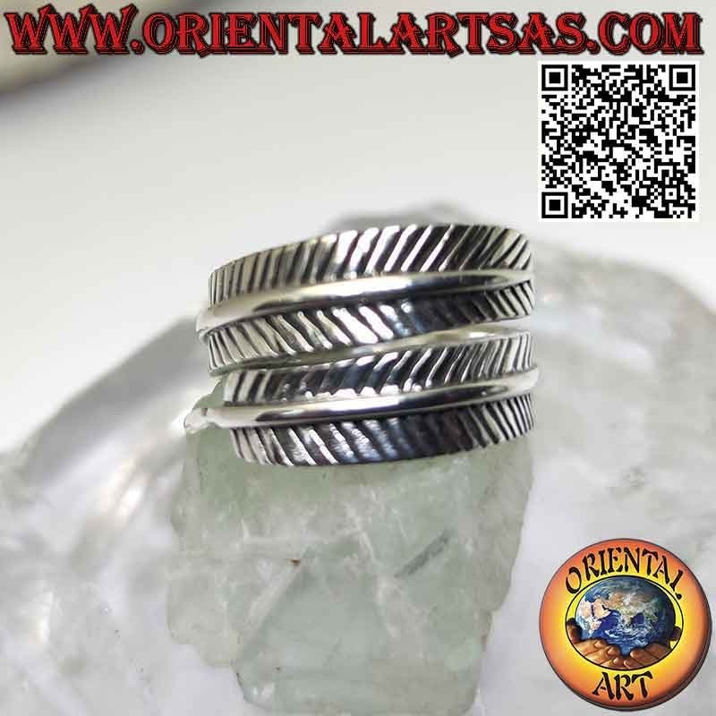 Adjustable thick long feather silver ring, symbol of purification