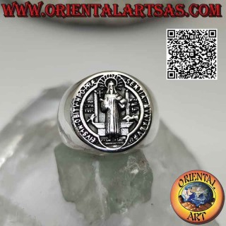 Anello in argento liscio con sigillo o medaglia di San Benedetto da Norcia