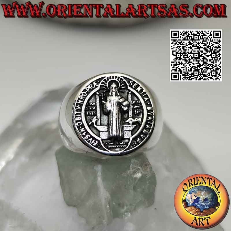 Anello in argento liscio con sigillo o medaglia di San Benedetto da Norcia
