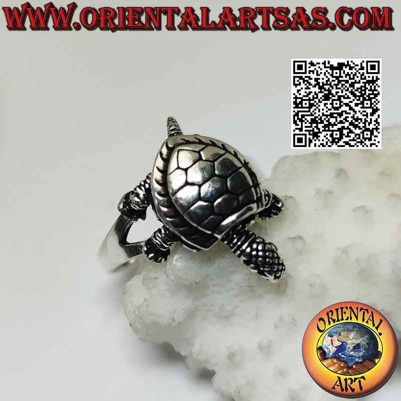 Anello in argento con Tartaruga di terra o testuggine di Hermann mobile (che si muove)