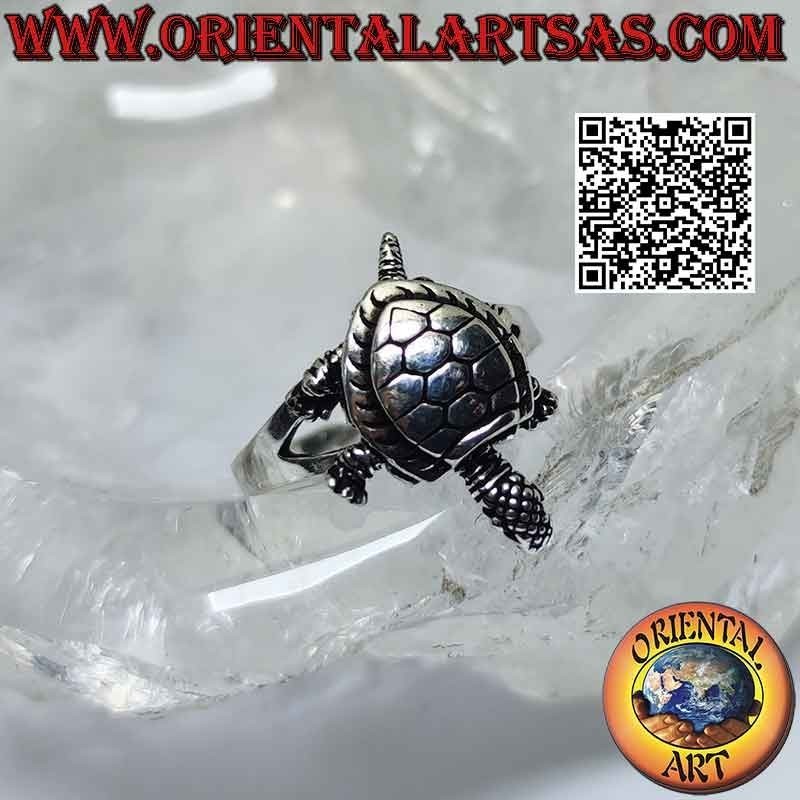 Anello in argento con Tartaruga di terra o testuggine di Hermann mobile (che si muove)
