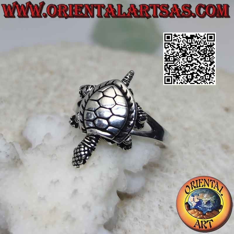 Bague en argent avec une tortue terrestre mobile (en mouvement) ou une tortue d'Hermann
