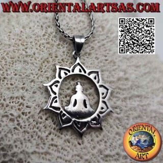 Ciondolo in argento liscio, Buddha in meditazione nel fiore di loto