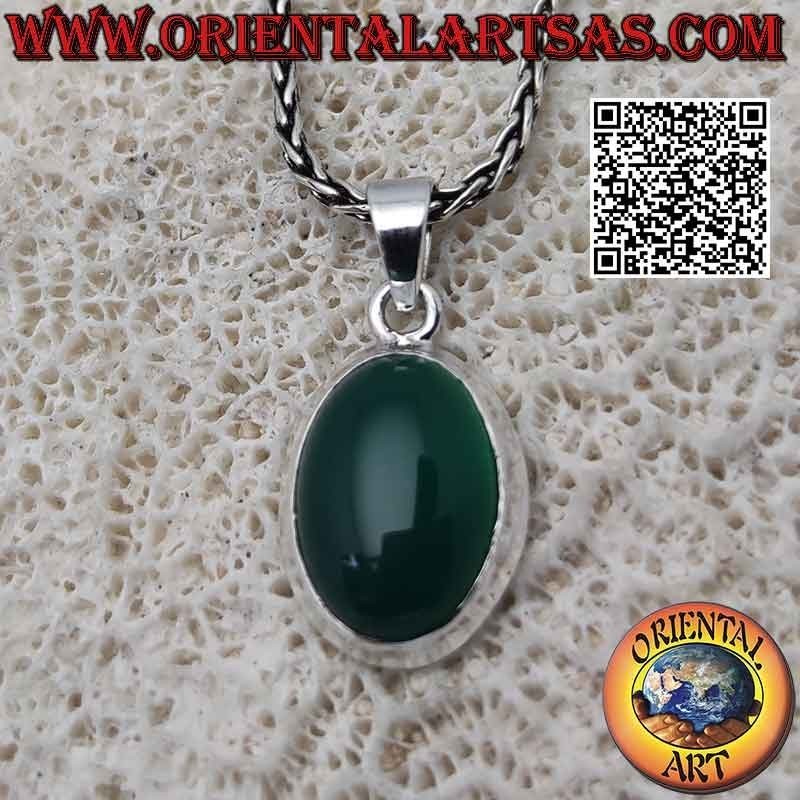 Silver pendant with oval cabochon green agate on simple smooth setting