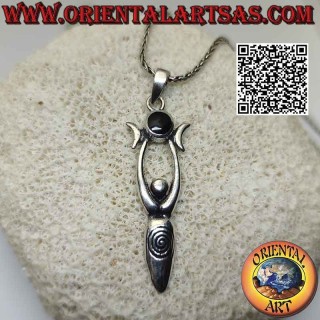 Pendentif en argent, la Déesse Mère "Aradia" avec triple lune wicca (onyx rond central)