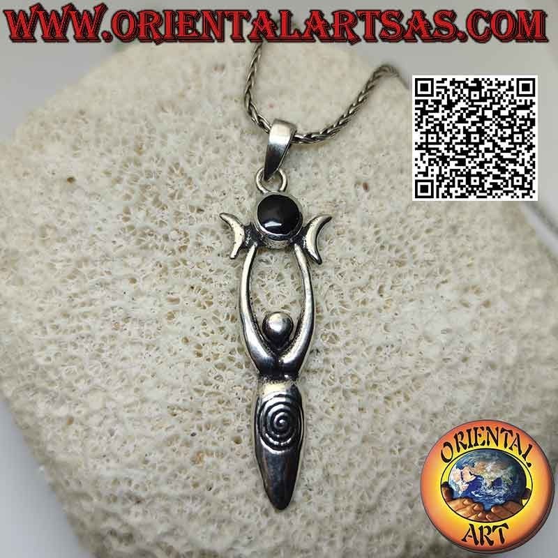Pendentif en argent, la Déesse Mère "Aradia" avec triple lune wicca (onyx rond central)