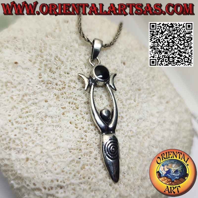 Colgante de plata, la Diosa Madre "Aradia" con triple luna wicca (ónix redondo central)