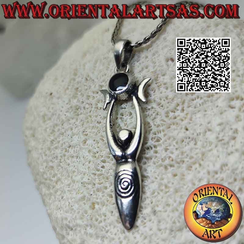 Colgante de plata, la Diosa Madre "Aradia" con triple luna wicca (ónix redondo central)