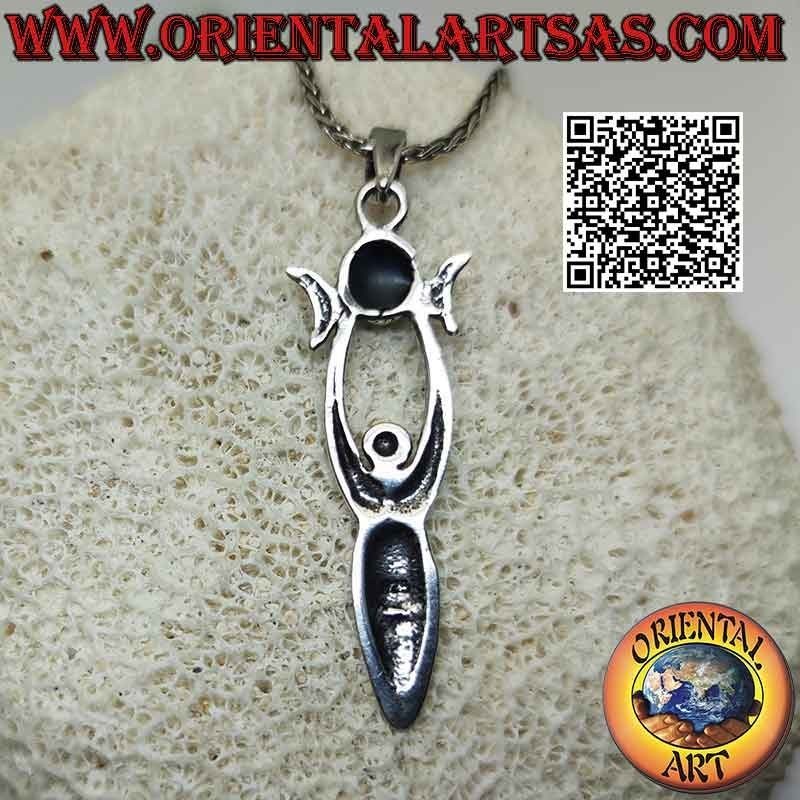 Pendentif en argent, la Déesse Mère "Aradia" avec triple lune wicca (onyx rond central)
