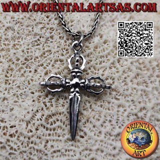Pendentif en argent, phurba tibétain avec triple dorje tridimensionnel