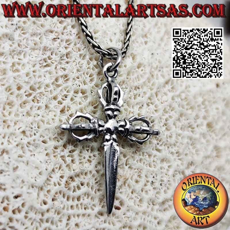 Ciondolo in argento, phurba tibetano con triplo dorje tridimensionale