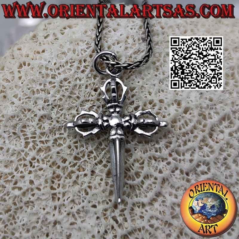 Colgante de plata, phurba tibetana con triple dorje tridimensional