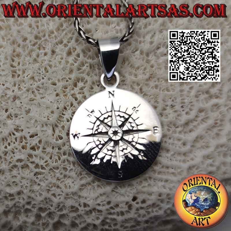 Pendentif en argent, médaille ronde avec rose des vents gravée (boussole)