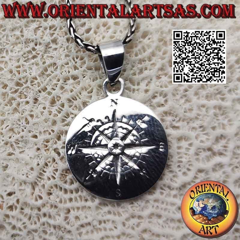 Pendentif en argent, médaille ronde avec rose des vents gravée (boussole)