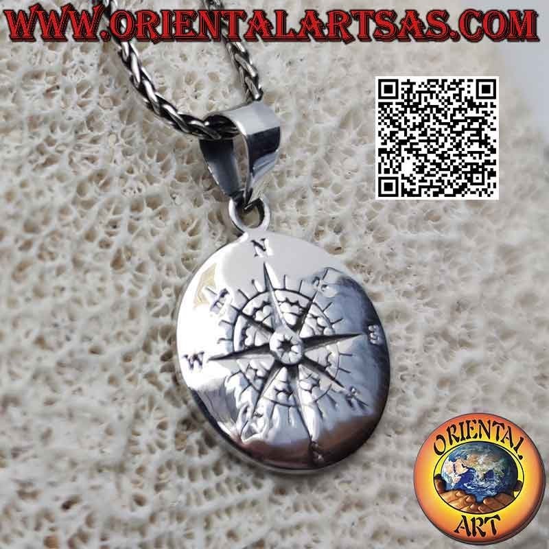 Pendentif en argent, médaille ronde avec rose des vents gravée (boussole)