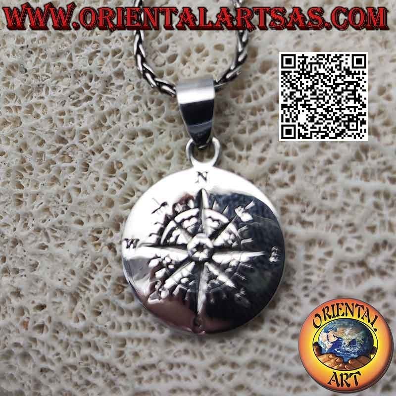 Silver pendant, round medal with engraved wind rose (compass)