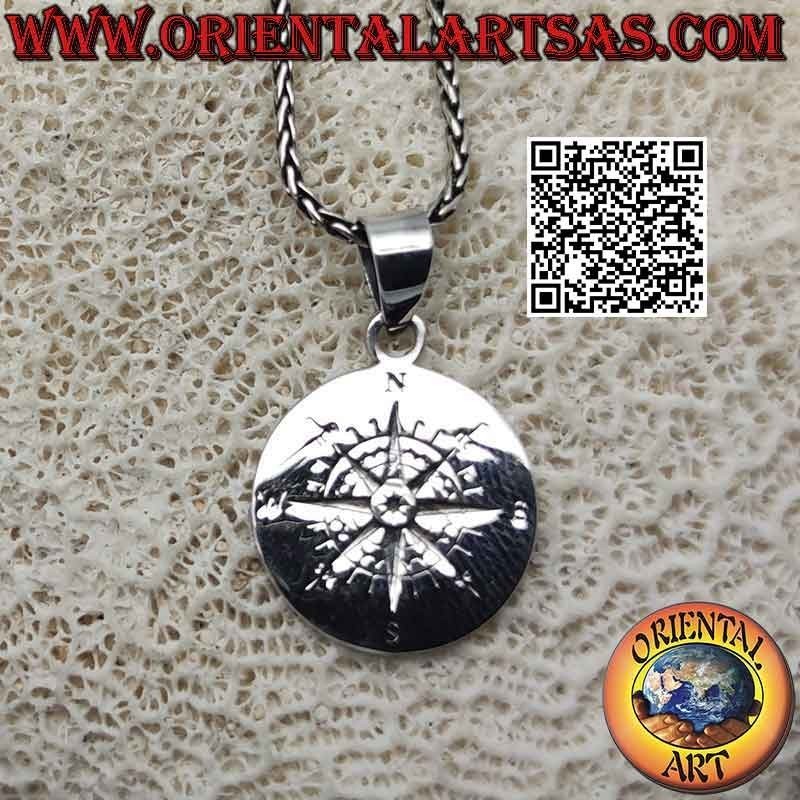 Ciondolo in argento medaglia tonda con rosa dei venti (bussola) incisa
