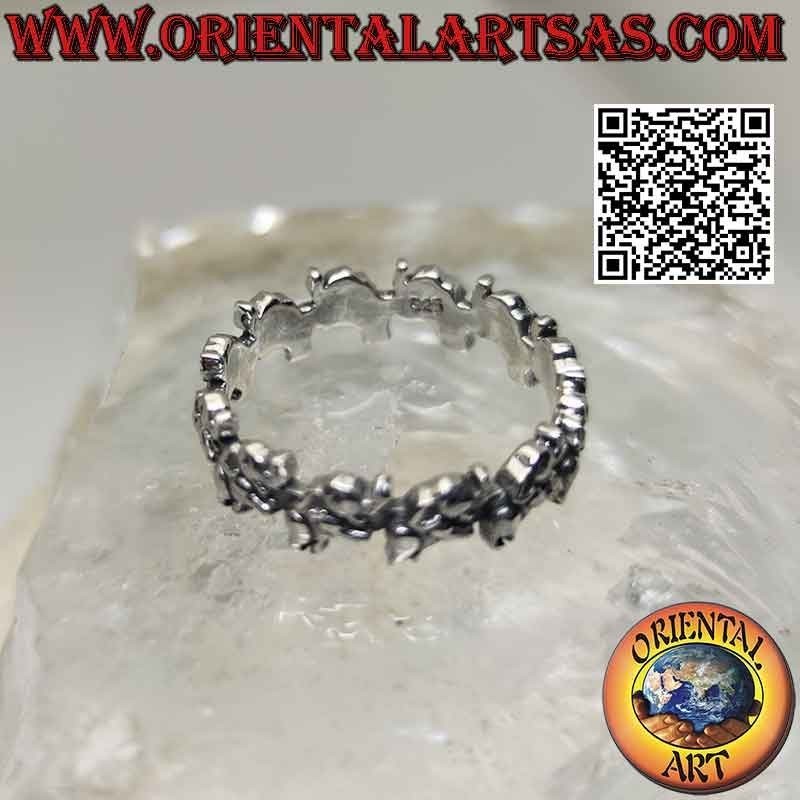 Silver band ring with rampant elephants with trunk up in a row