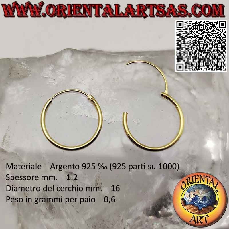 Pendientes de plata de aro liso chapados en oro de 1,2 mm de grosor