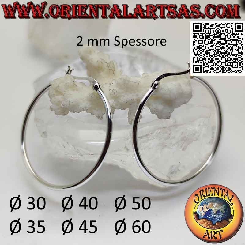 Silberne Ohrringe, einfache glatte Kreise 2 dick von 30 mm Ø bis 60 mm Ø (Hebel)