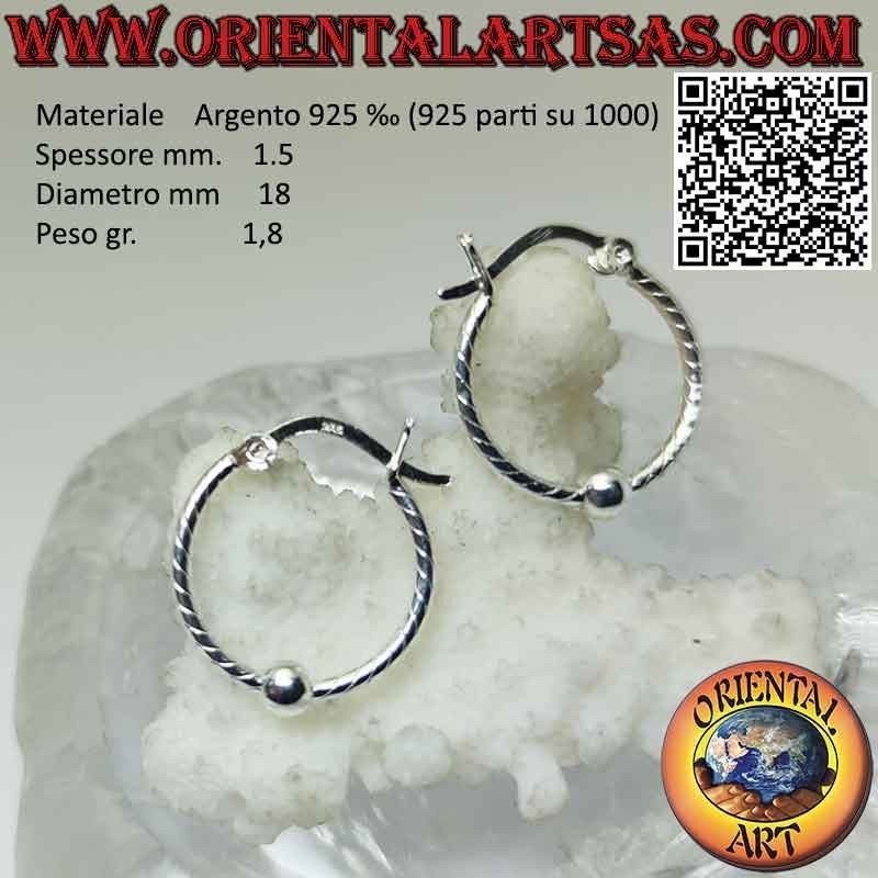 Boucle d'oreille en argent 925‰, cercle travaillé avec des bandes avec boule centrale de 4 mm (levier)