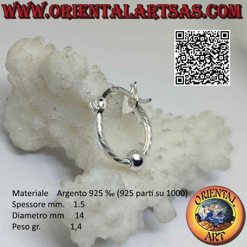 Boucle d'oreille en argent 925‰, cercle travaillé avec des bandes avec boule centrale de 4 mm (levier)