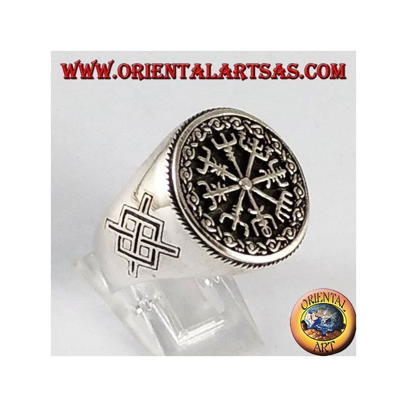 Silber Ring, Aegishjalmur und vegvisir mit keltischen Runen
