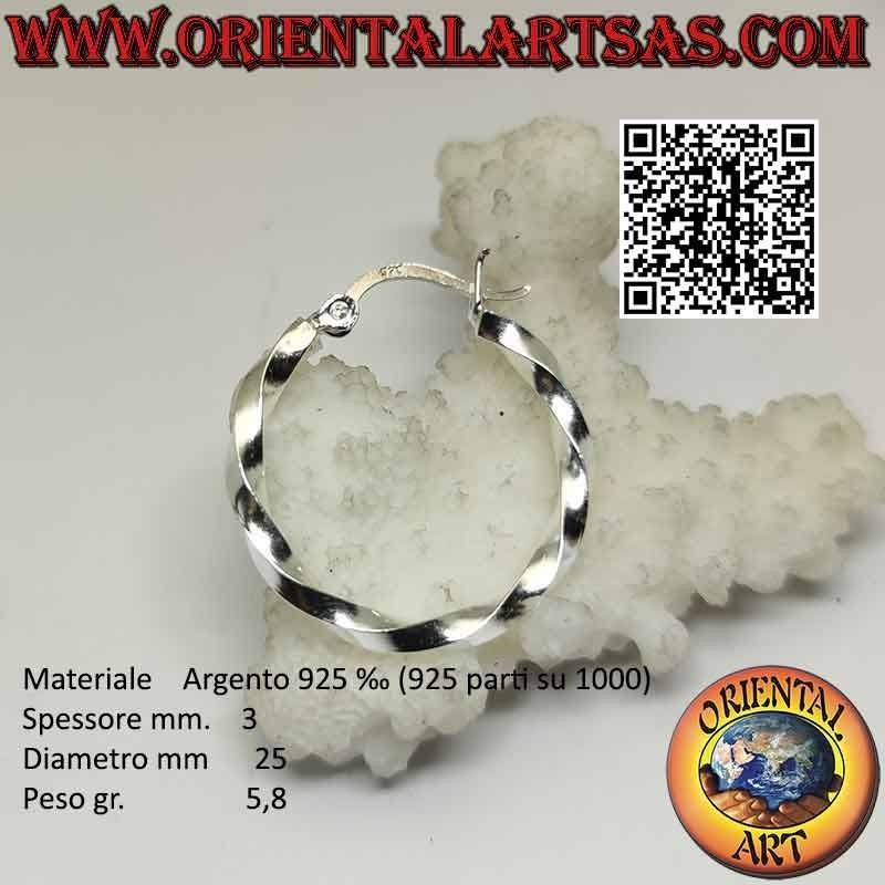Boucles d'oreilles en argent, cercles lisses torsadés de 3 mm d'épaisseur (levier)