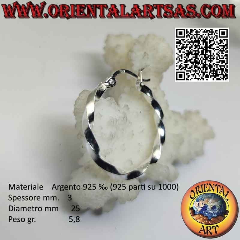Orecchini in argento, cerchi lisci attorcigliati da 3 mm di spessore (leva)