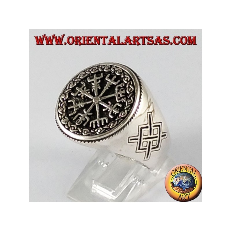 anillo de plata, vegvisir con Gungnir, la lanza de Odín, runa