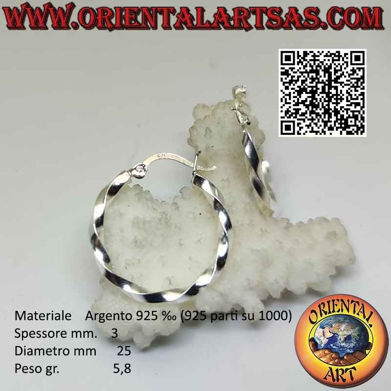 Boucles d'oreilles en argent, cercles lisses torsadés de 3 mm d'épaisseur (levier)