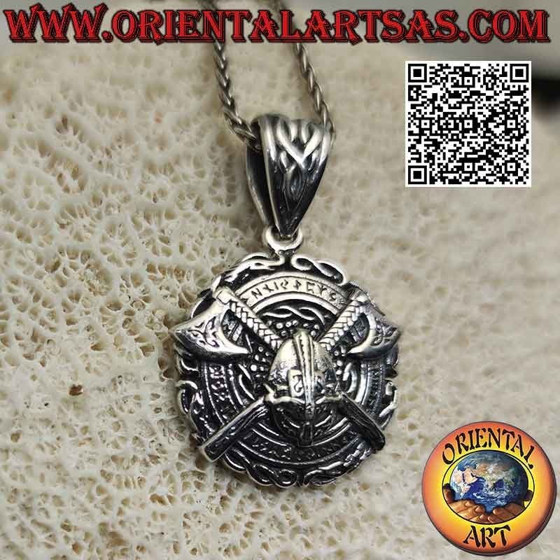 Silver pendant, medallion with Viking helmet between crossed axes surrounded by Celtic weaving