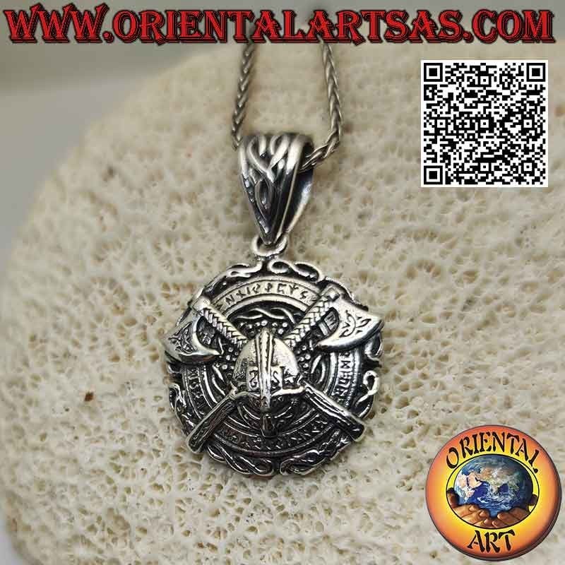 Silver pendant, medallion with Viking helmet between crossed axes surrounded by Celtic weaving