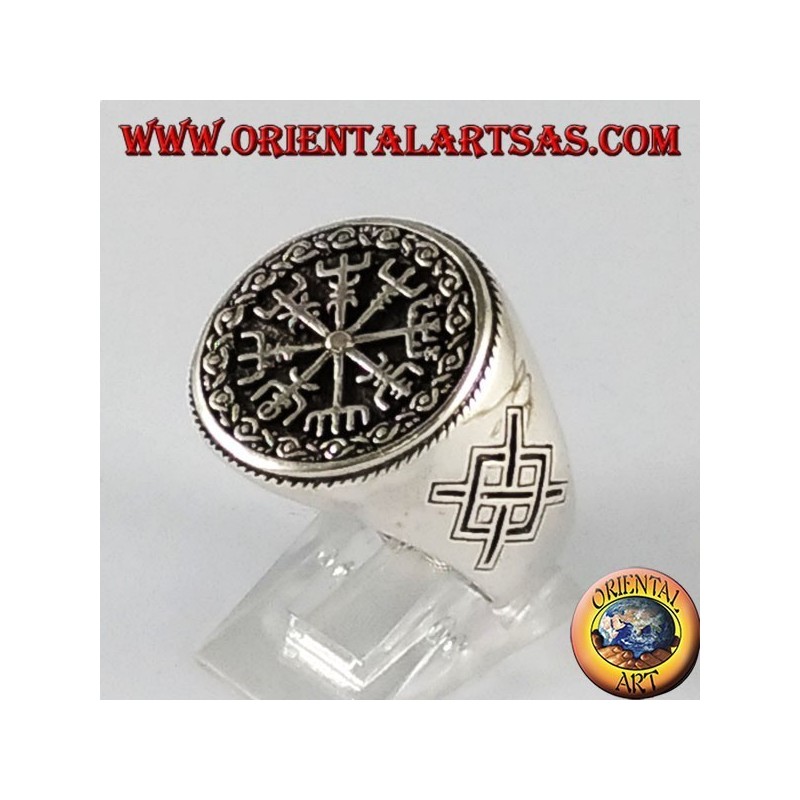 Anello d'argento , vegvisir con Gungnir, lancia di Odino, runa