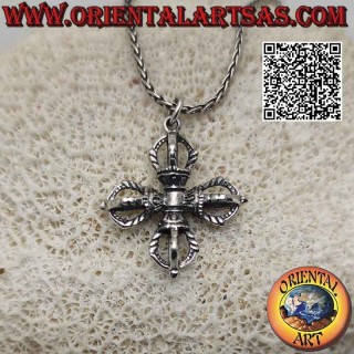 Pendentif en argent en forme de Vishvajra ou double Dorje tibétain tridimensionnel (croix tibétaine)