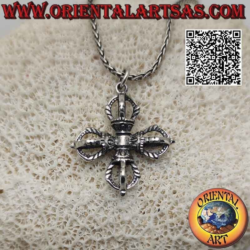 Pendentif en argent en forme de Vishvajra ou double Dorje tibétain tridimensionnel (croix tibétaine)