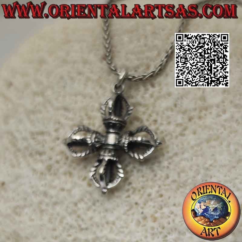 Silver pendant in the shape of Vishvajra or three-dimensional Tibetan double Dorje (Tibetan cross)