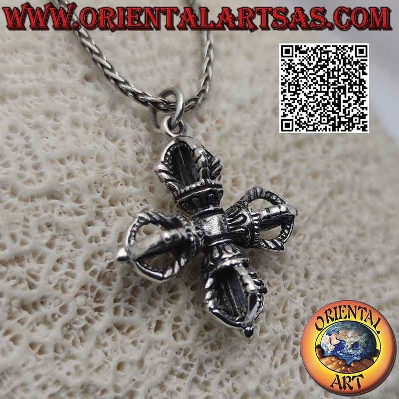 Colgante de plata en forma de Vishvajra o Dorje doble tibetano tridimensional (cruz tibetana)