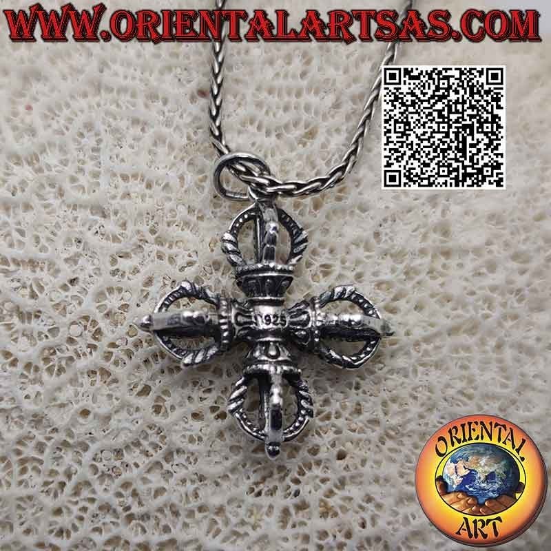 Colgante de plata en forma de Vishvajra o Dorje doble tibetano tridimensional (cruz tibetana)