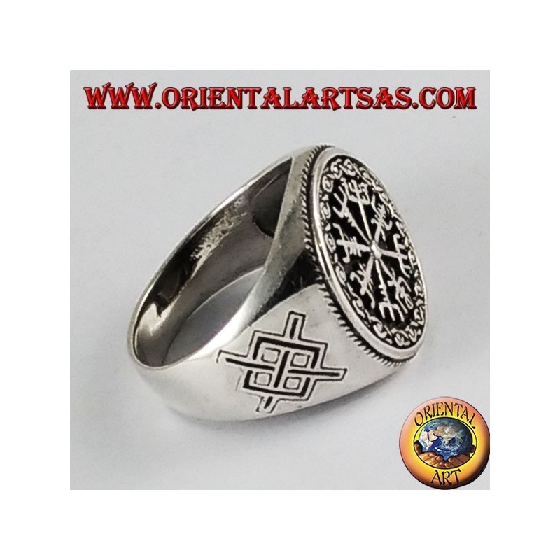 Anello d'argento , vegvisir con Gungnir, lancia di Odino, runa