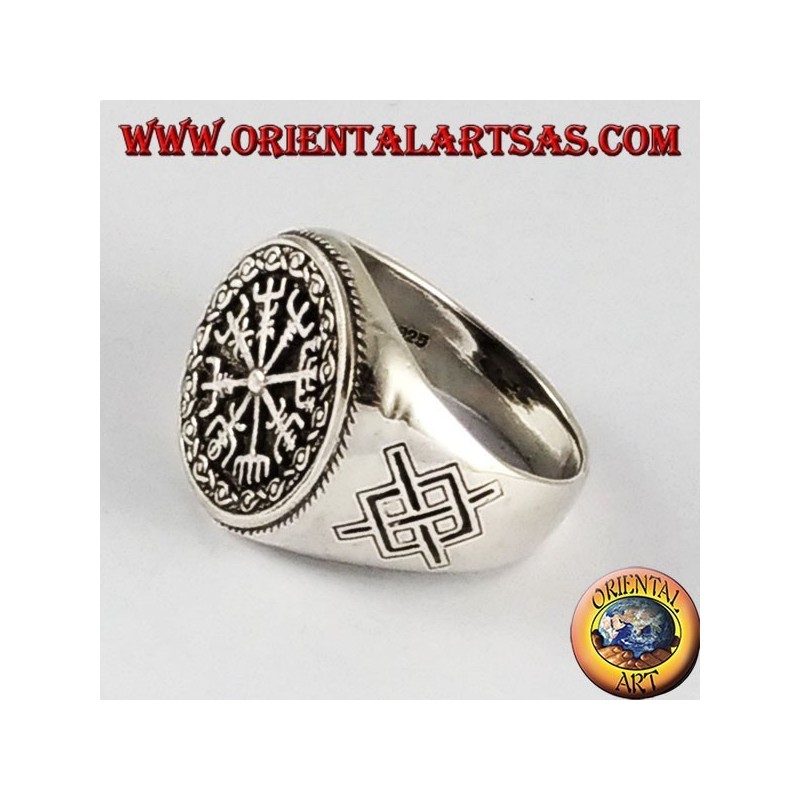Anello d'argento , vegvisir con Gungnir, lancia di Odino, runa